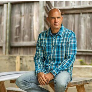 Outerknown Unisex Blue Wave - Blue Yellow Plaid Blanket Shirt Thick M/L